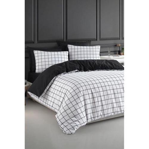 Housse De Couette 220x240 Cm + 2 Taies 60x60 Cm, 65% Coton, Réversible Noir/blanc