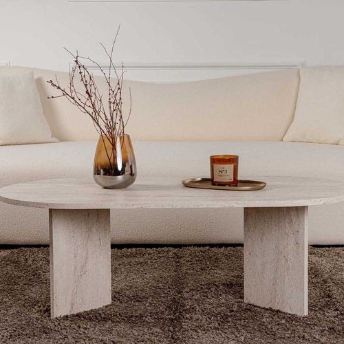 Table Basse Ovale En Aggloméré Sable Marbré Travertine