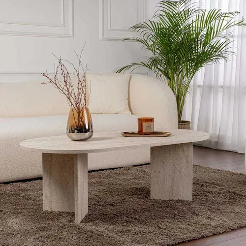 Table Basse Ovale En Aggloméré Sable Marbré Travertine