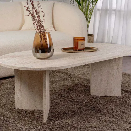 Table Basse Ovale En Aggloméré Sable Marbré Travertine