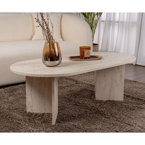 Table Basse Ovale En Aggloméré Sable Marbré Travertine