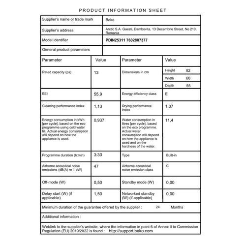 Lave-vaisselle Tout Intégrable 60 cm 13 Couverts 47 dB - Pdin25311