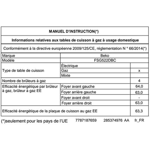 Cuisinière gaz 4 foyers Noir Fsg522dbc
