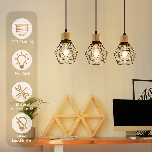 Suspension Vintage 3 luminaire Suspension Industrielle Suspension Noir E27 Sans Ampoule