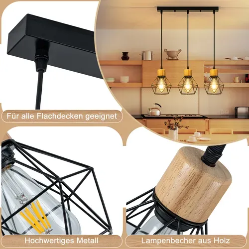 Suspension Vintage 3 luminaire Suspension Industrielle Suspension Noir E27 Sans Ampoule