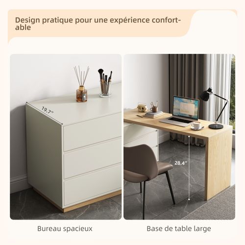 Bureau En L Avec 6 Tiroirs, Table Informatique Réglable En MDF, 140 X 50 X 75 Cm, Beige