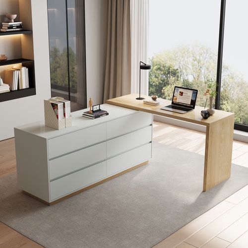 Bureau En L Avec 6 Tiroirs, Table Informatique Réglable En MDF, 140 X 50 X 75 Cm, Beige