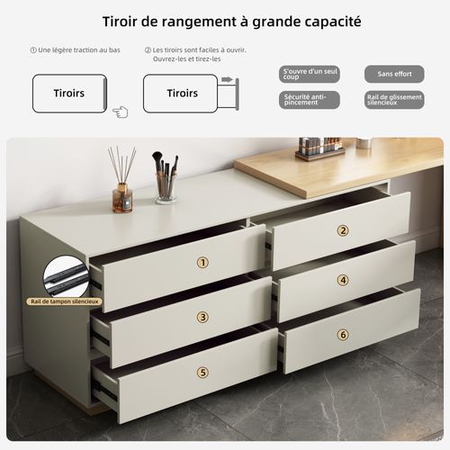 Bureau En L Avec 6 Tiroirs, Table Informatique Réglable En MDF, 140 X 50 X 75 Cm, Beige