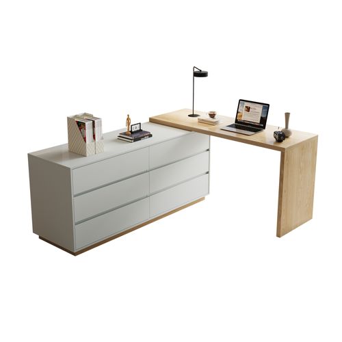 Bureau En L Avec 6 Tiroirs, Table Informatique Réglable En MDF, 140 X 50 X 75 Cm, Beige