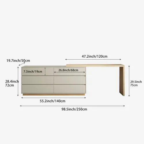 Bureau En L Avec 6 Tiroirs, Table Informatique Réglable En MDF, 140 X 50 X 75 Cm, Beige