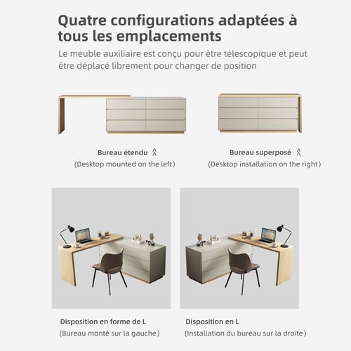Bureau En L Avec 6 Tiroirs, Table Informatique Réglable En MDF, 140 X 50 X 75 Cm, Beige