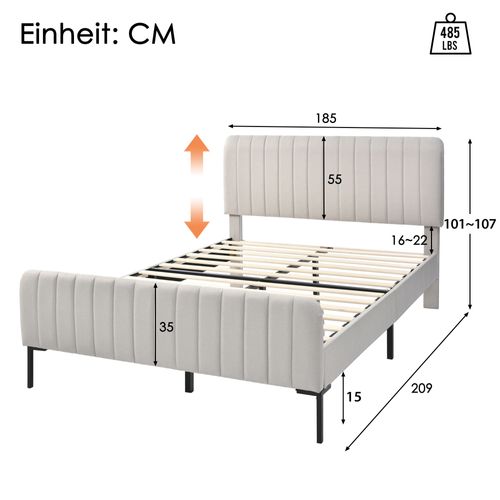 Lit Double Capitonné 180 X 200 Cm, Cadre De Lit, Tête De Lit Réglable, Lin, Gris Et Beige