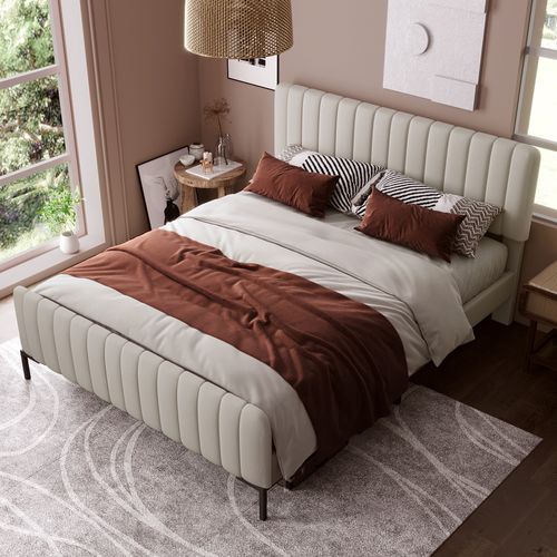 Lit Double Capitonné 180 X 200 Cm, Cadre De Lit, Tête De Lit Réglable, Lin, Gris Et Beige