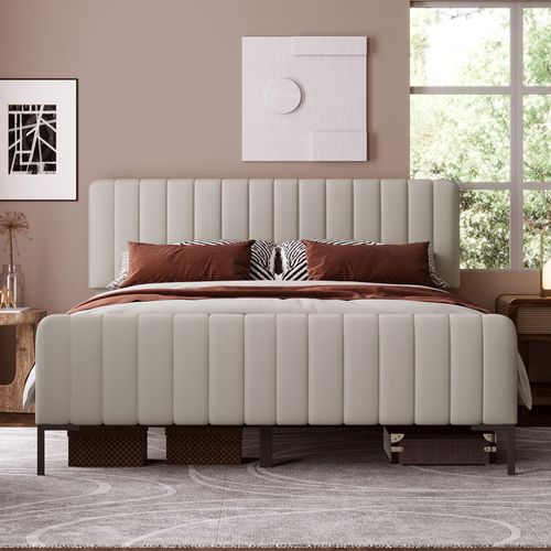 Lit Double Capitonné 180 X 200 Cm, Cadre De Lit, Tête De Lit Réglable, Lin, Gris Et Beige