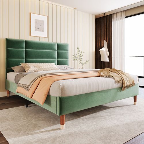 Lit Adulte Lit Capitonné 140 X 200 Cm, Sommier à Lattes Et Tête De Lit, Velours, Vert