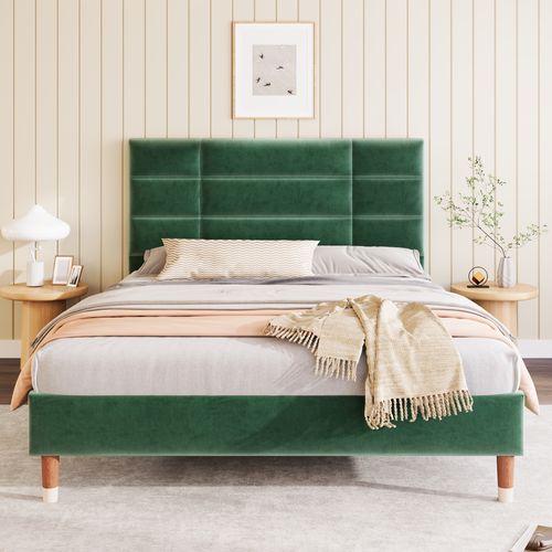 Lit Adulte Lit Capitonné 140 X 200 Cm, Sommier à Lattes Et Tête De Lit, Velours, Vert