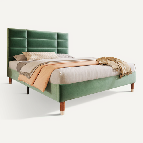 Lit Adulte Lit Capitonné 140 X 200 Cm, Sommier à Lattes Et Tête De Lit, Velours, Vert