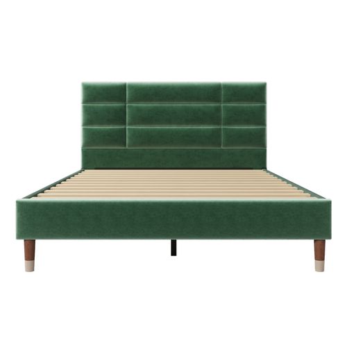 Lit Adulte Lit Capitonné 140 X 200 Cm, Sommier à Lattes Et Tête De Lit, Velours, Vert