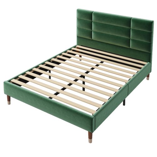 Lit Adulte Lit Capitonné 140 X 200 Cm, Sommier à Lattes Et Tête De Lit, Velours, Vert