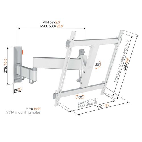 Support Mural Inclinable/orientable Pour écrans 32" à 65" Blanc TVm3445wht