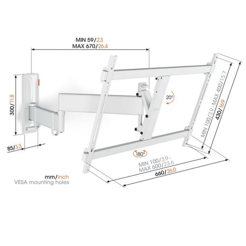 Support Mural Inclinable/orientable Blanc Pour Écrans 40" à 77" - TVm3645wht