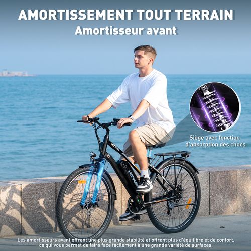 Vélo Électrique Noir, 28" Vae Ville E-bike, Batterie Amovible 36v 12ah, 7 Vitesses, E-bike Urbain