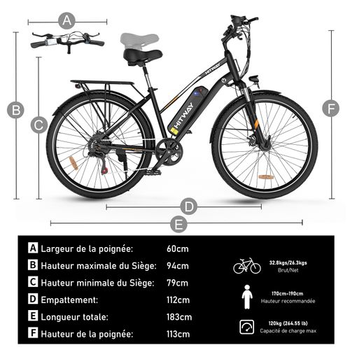 Vélo Électrique Noir, 28" Vae Ville E-bike, Batterie Amovible 36v 12ah, 7 Vitesses, E-bike Urbain
