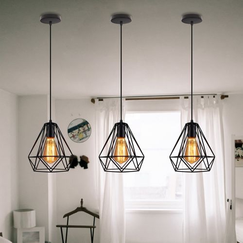 Lustre Suspension Industrielle Cage Luminaire Abat-jour Pour Cuisine Salon Chambre Noir