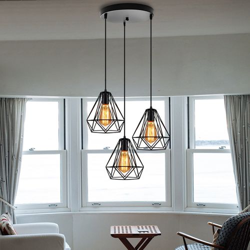 Lustre Suspension Industrielle Cage 3 Luminaire Abat-jour E27 Pour Cuisine Salon Chambre Noir