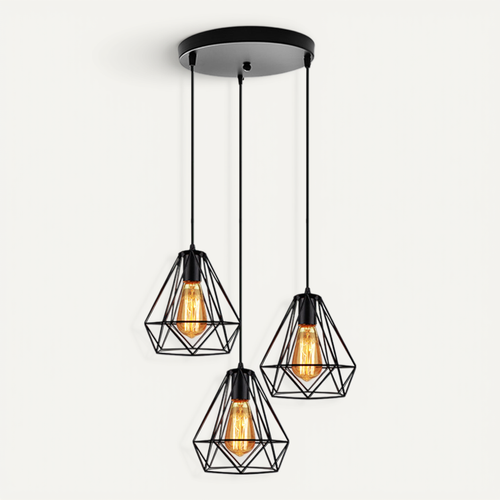 Lustre Suspension Industrielle Cage 3 Luminaire Abat-jour E27 Pour Cuisine Salon Chambre Noir