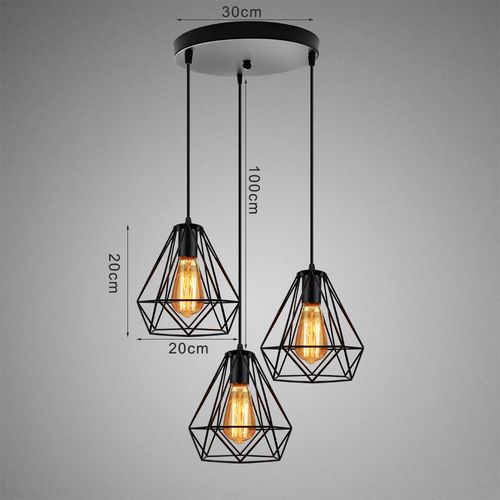 Lustre Suspension Industrielle Cage 3 Luminaire Abat-jour E27 Pour Cuisine Salon Chambre Noir