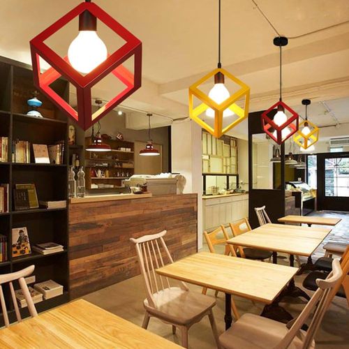 Suspension Moderne Géométrique Cube E27 Lustre Industriel Luminaire Abat-jour Métal Bleu