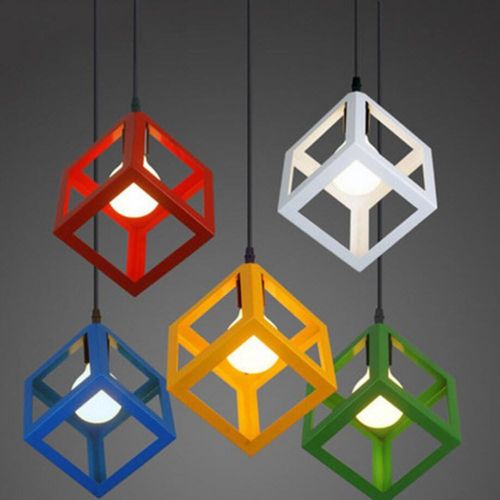 Suspension Moderne Géométrique Cube E27 Lustre Industriel Luminaire Abat-jour Métal Bleu