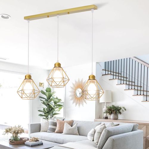Lustre Suspension Industrielle Vintage 3 Lampe De Plafond E27 Pour Salon Chambre Couloir Or