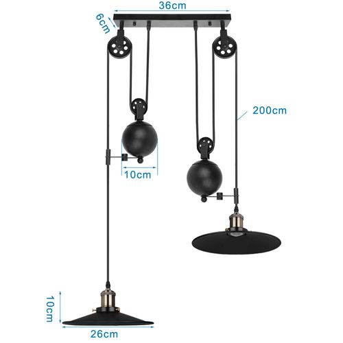 Suspension Industrielle Poulie Rétractable Lustre Vintage 2 Lampes Pour Salon Chambre Cuisine Noir