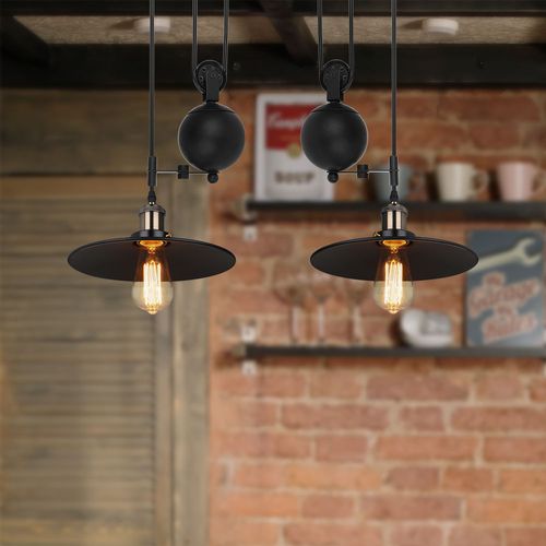 Suspension Industrielle Poulie Rétractable Lustre Vintage 2 Lampes Pour Salon Chambre Cuisine Noir