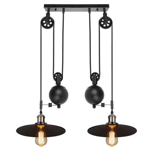 Suspension Industrielle Poulie Rétractable Lustre Vintage 2 Lampes Pour Salon Chambre Cuisine Noir