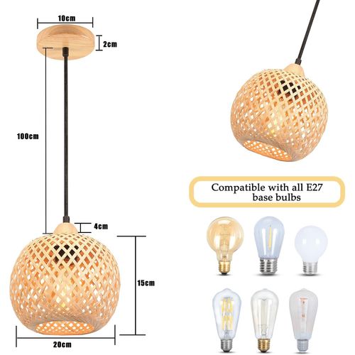 2x 20cm Suspension Luminaire Moderne Suspension En Bambou Tissage Abat-jour En Bambou Vintage