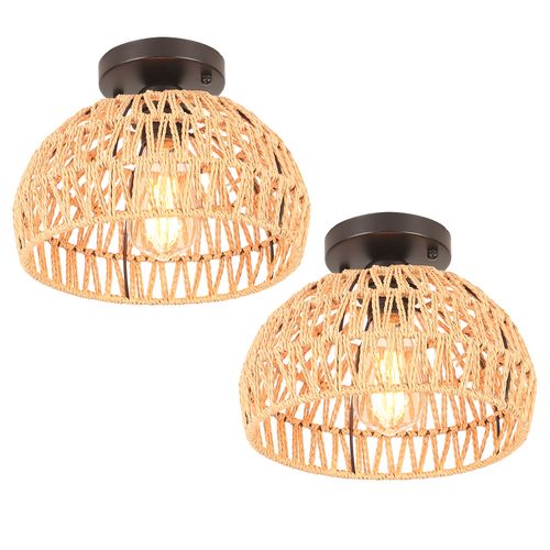 Plafonnier Dimmable Rétro Lampe De Plafond En Corde De Chanvre Abat-Jour E27 Lustre Industrielle Vintage Suspension Luminaire En Bois Pour Salon Cuisine Couloir Café Bar Balcon Éclairage De Plafond