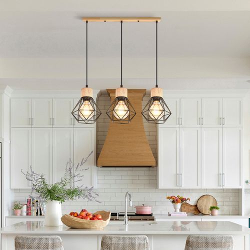 Suspension Vintage Suspension Luminaire Rétro 3 Lumières Plafonnier Moderne Métal Et En Bois Noir