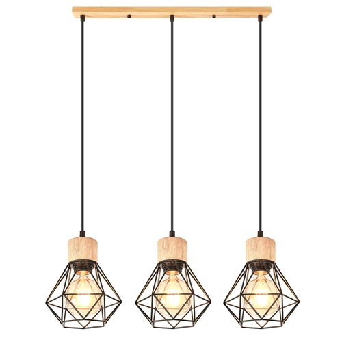Suspension Vintage Suspension Luminaire Rétro 3 Lumières Plafonnier Moderne Métal Et En Bois Noir