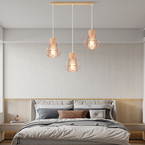 Suspension Vintage Suspension Luminaire Rétro 3 Lumières Plafonnier Moderne Métal Et En Bois Or Rose