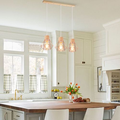 Suspension Vintage Suspension Luminaire Rétro 3 Lumières Plafonnier Moderne Métal Et En Bois Or Rose