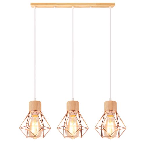 Suspension Vintage Suspension Luminaire Rétro 3 Lumières Plafonnier Moderne Métal Et En Bois Or Rose