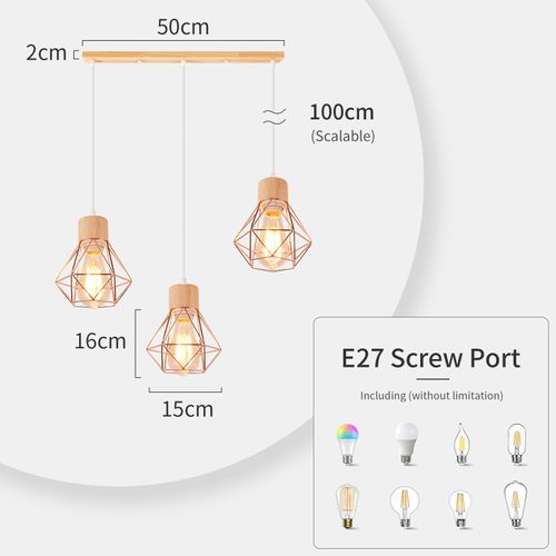 Suspension Vintage Suspension Luminaire Rétro 3 Lumières Plafonnier Moderne Métal Et En Bois Or Rose