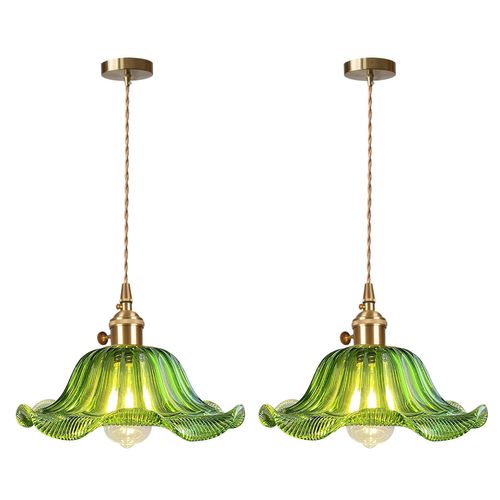 2pcs Plafonnier D'intérieur Suspension Luminaire En Verre Vintage Lustre Rétro Moderne Vert