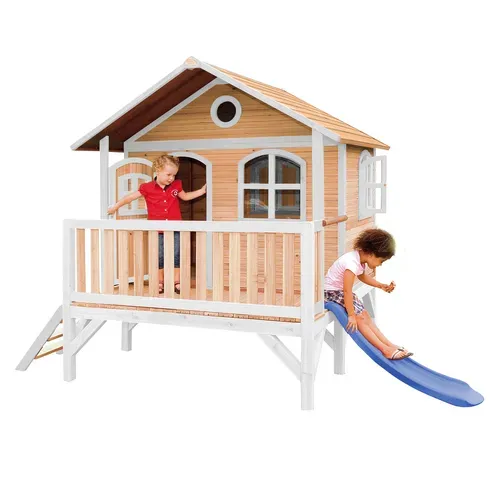 Stef Maison Enfant Avec Toboggan Bleu - Aire De Jeux Pour L'extérieur En Marron et Blanc -