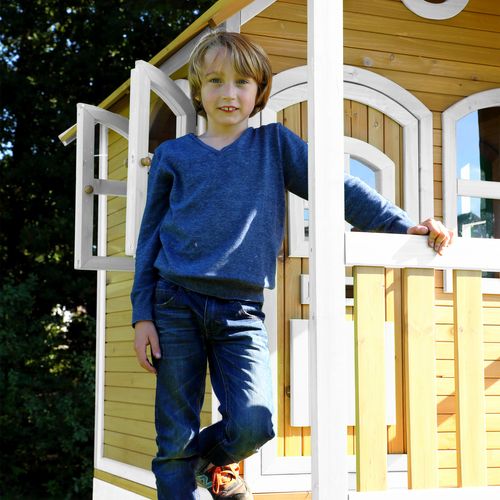 Stef Maison Enfant Avec Toboggan Bleu - Aire De Jeux Pour L'extérieur En Marron et Blanc -