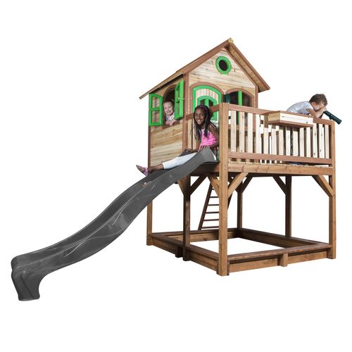 Liam Maison Enfant Avec Bac à Sable et Toboggan Gris - Aire De Jeux Pour L'extérieur En Marron et