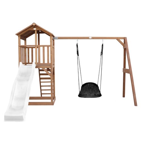 Beach Tower Aire De Jeux Avec Toboggan En Blanc,  Balançoire Nid D'oiseau Noir et Bac à Sable -